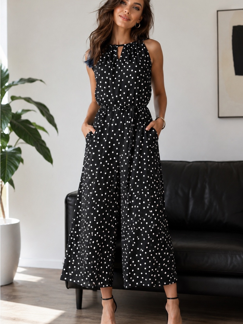 London Times Black and White Polka Dot Wide-Leg Jumpsuit
